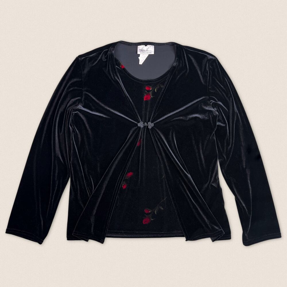Vintage 90s‎ Black Red Roses Velvet Cardigan Layered Top Size Medium